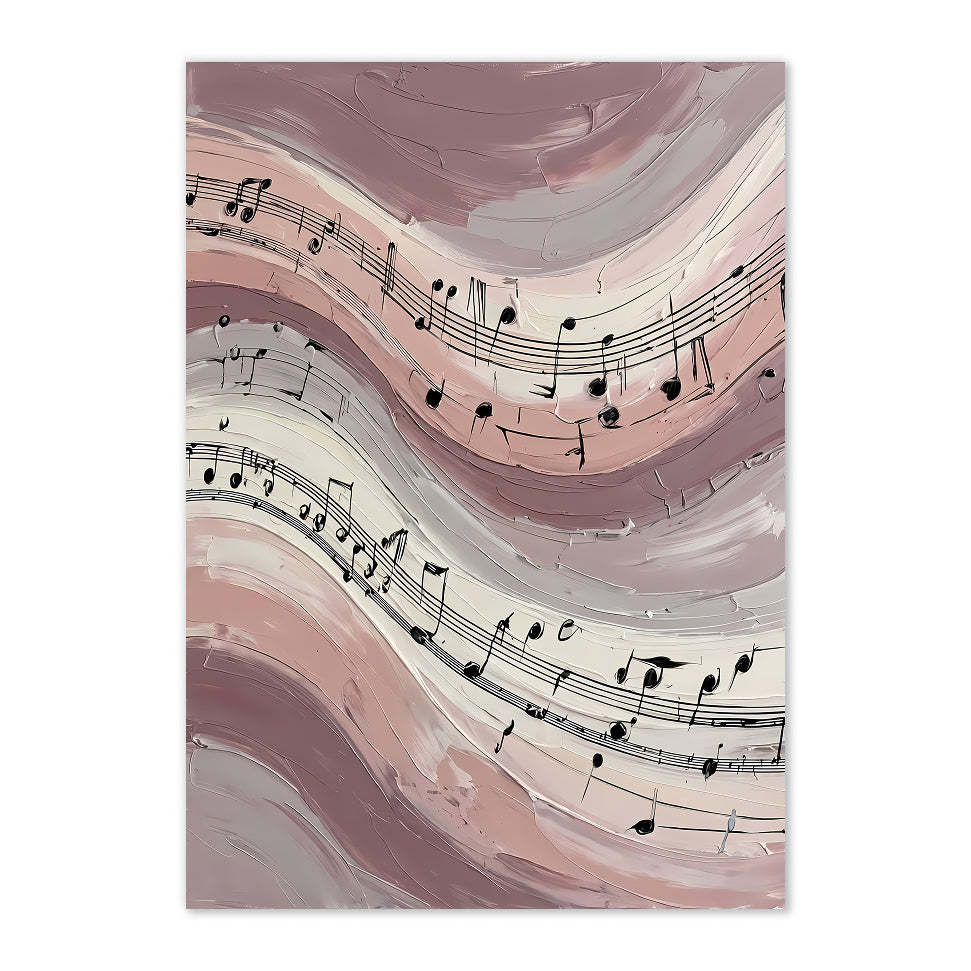 Abstract art print with wavy lines and music notes on a white background
