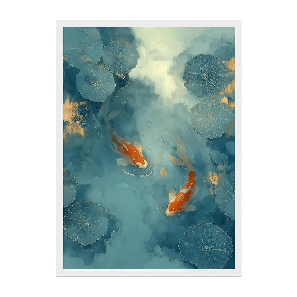 Koi Fish and Lotus Pond Art Print: Tranquil Japanese Garden Decor