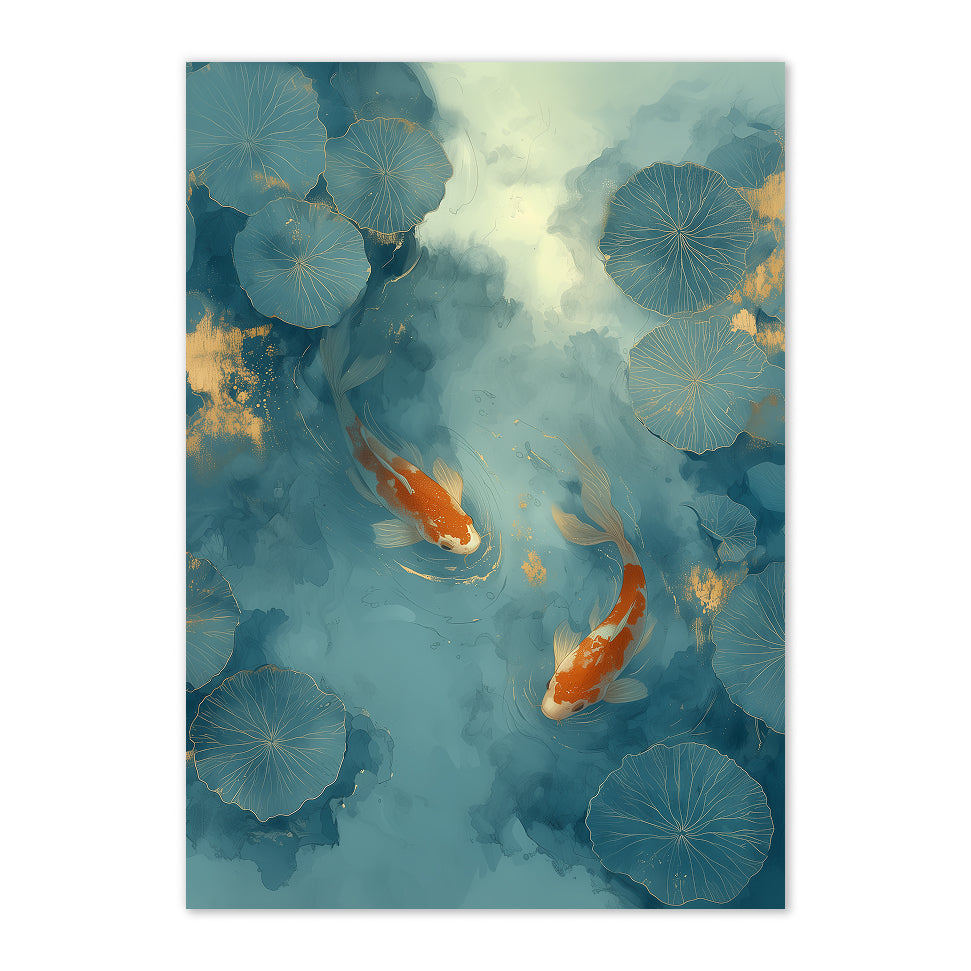 Koi Fish and Lotus Pond Art Print: Tranquil Japanese Garden Decor