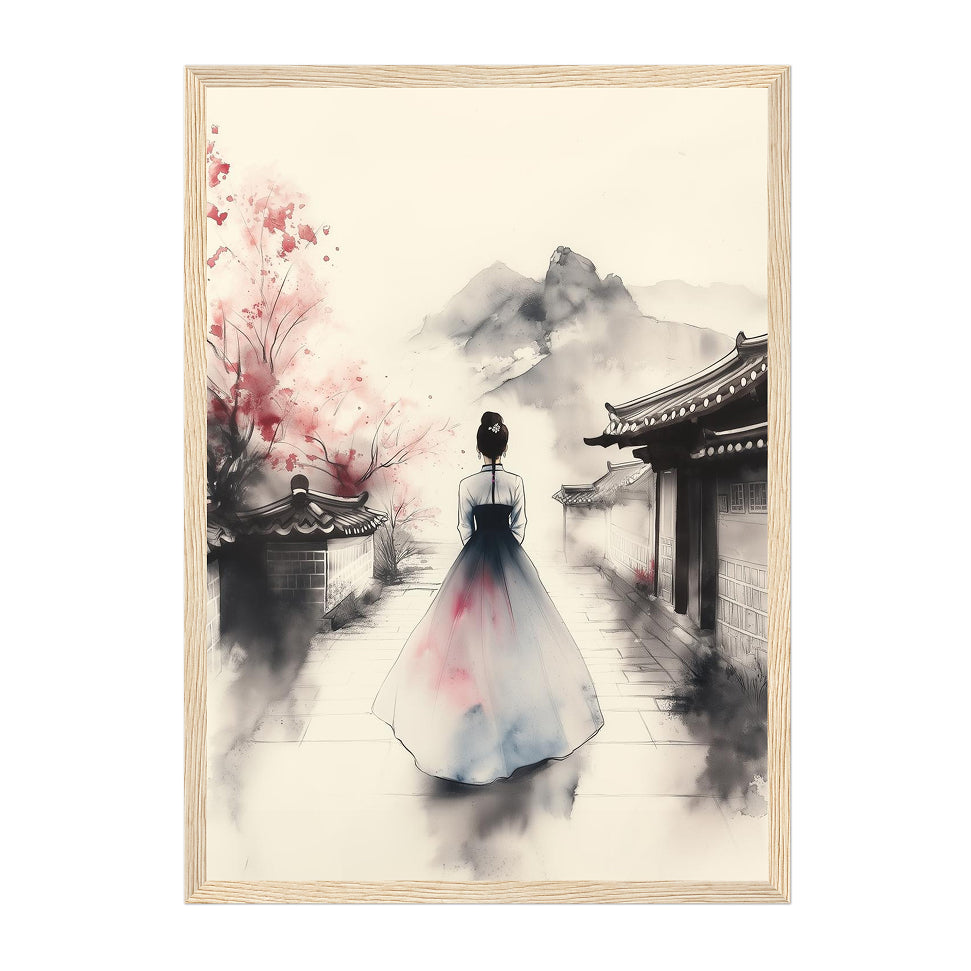Korean Ink Hanbok Art Print: Soft Blush Tranquil Village Path