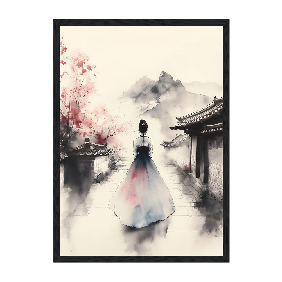 Korean Ink Hanbok Art Print: Soft Blush Tranquil Village Path
