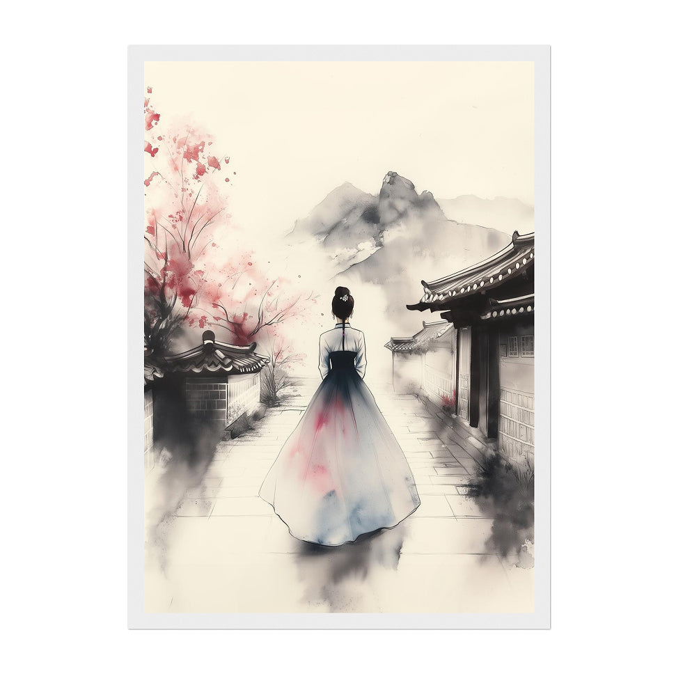 Korean Ink Hanbok Art Print: Soft Blush Tranquil Village Path
