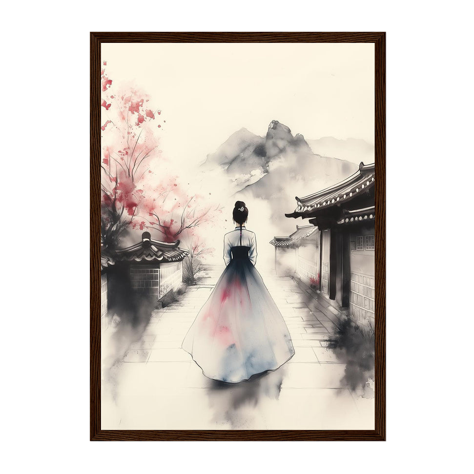 Korean Ink Hanbok Art Print: Soft Blush Tranquil Village Path