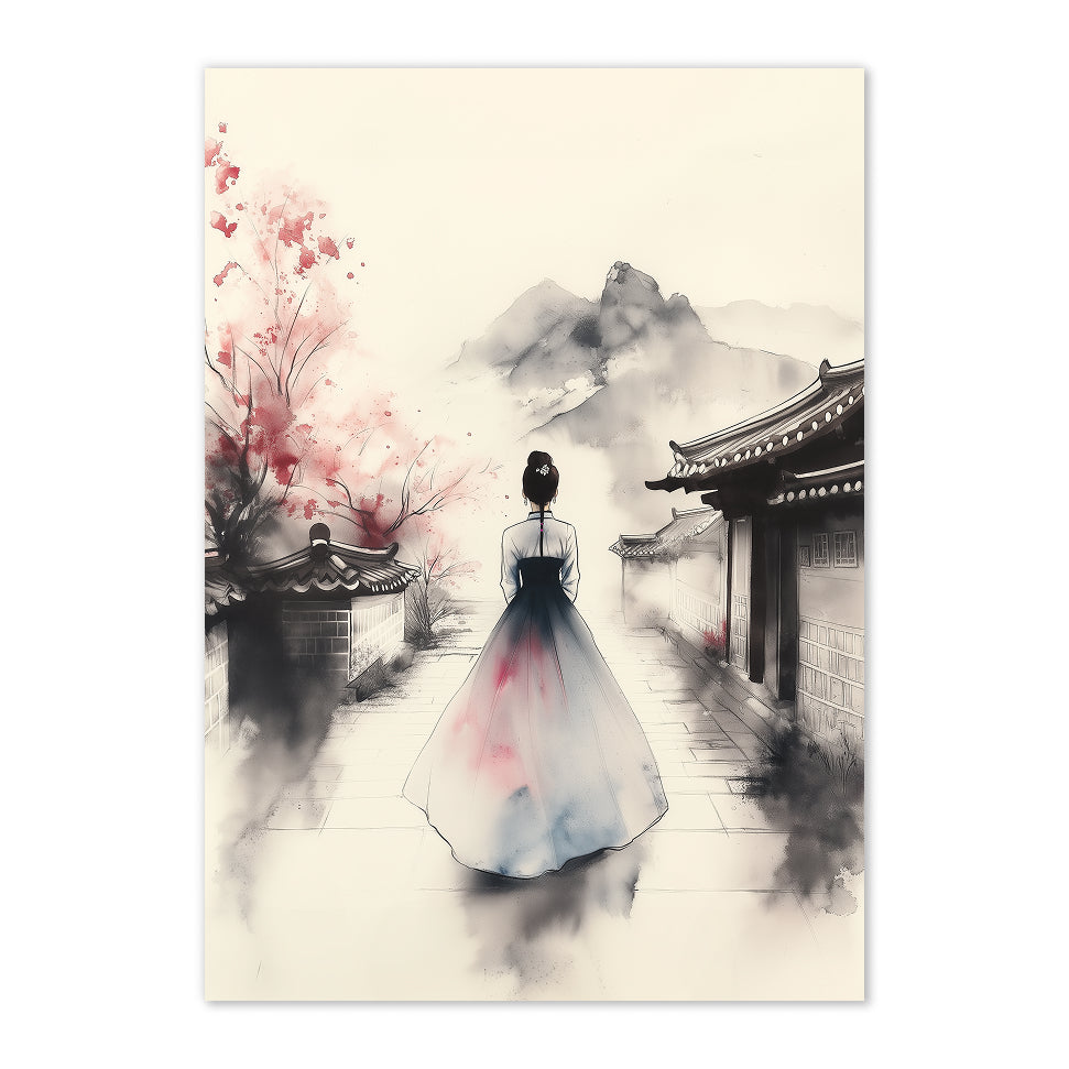 Korean Ink Hanbok Art Print: Soft Blush Tranquil Village Path