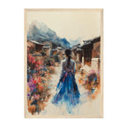 Korean Hanbok Woman Art Print: Tranquil Village Path with Mountain Bloom Serenity