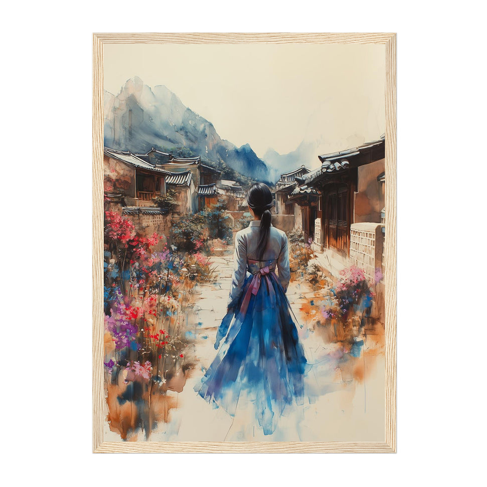 Korean Hanbok Woman Art Print: Tranquil Village Path with Mountain Bloom Serenity