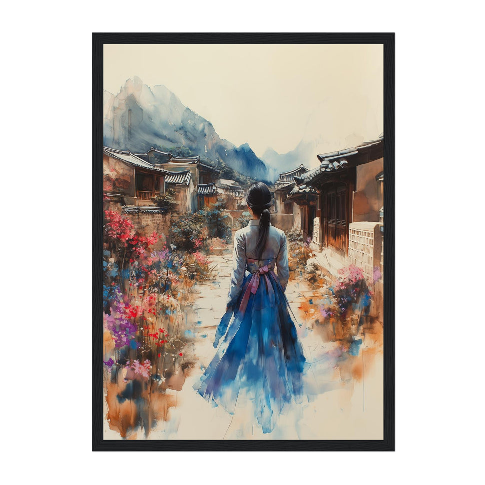 Framed artwork of a woman in a blue hanbok walking through a scenic village with mountains.