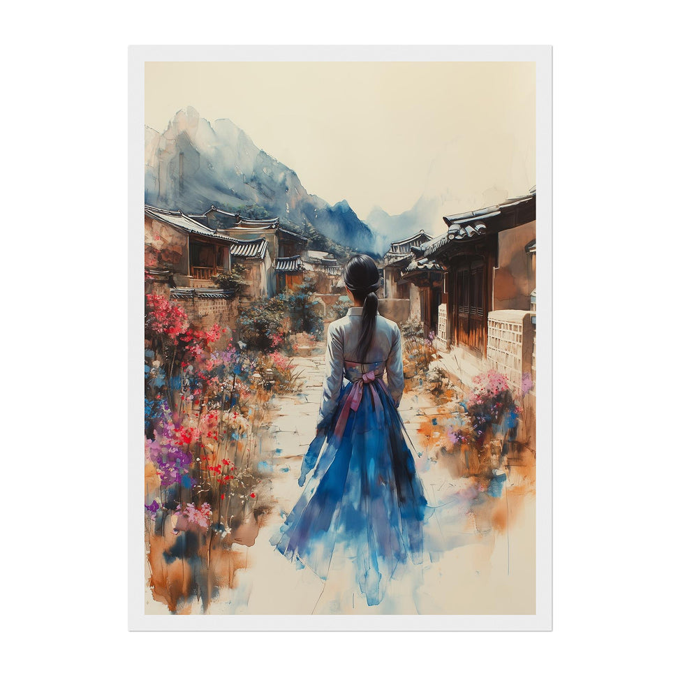 Korean Hanbok Woman Art Print: Tranquil Village Path with Mountain Bloom Serenity