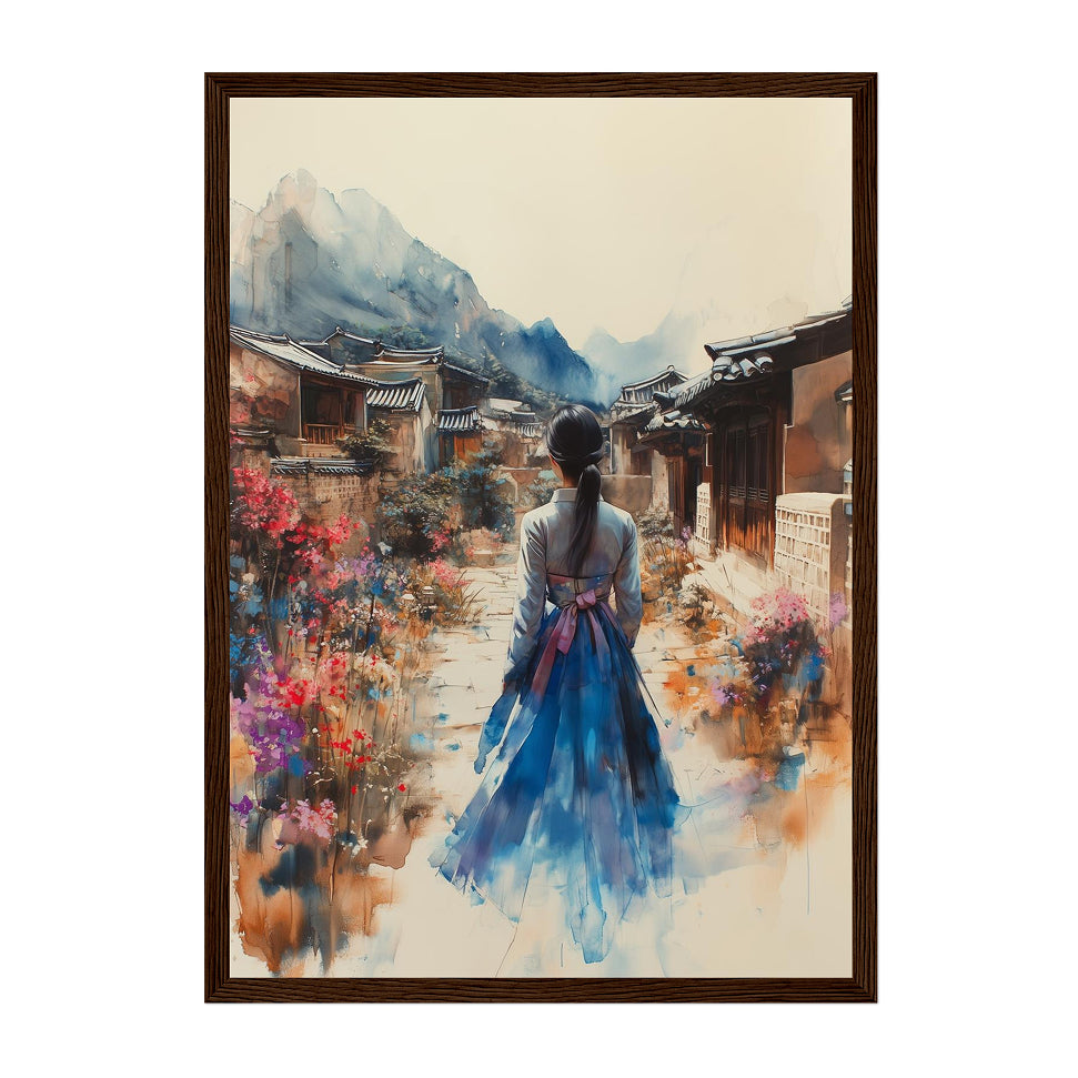 Korean Hanbok Woman Art Print: Tranquil Village Path with Mountain Bloom Serenity