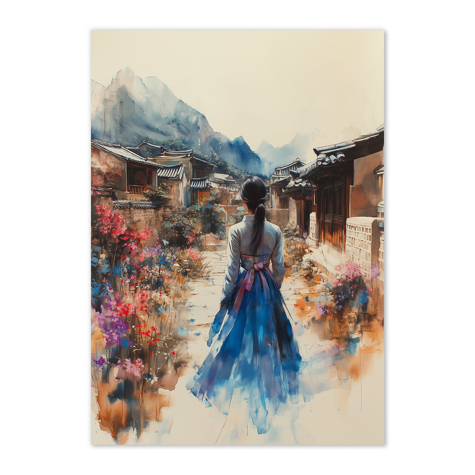 Artistic depiction of a woman in a traditional hanbok walking through a scenic village with mountains in the background.