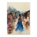 Artistic depiction of a woman in a traditional hanbok walking through a scenic village with mountains in the background.