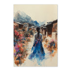 Artistic depiction of a woman in a traditional hanbok walking through a scenic village with mountains in the background.