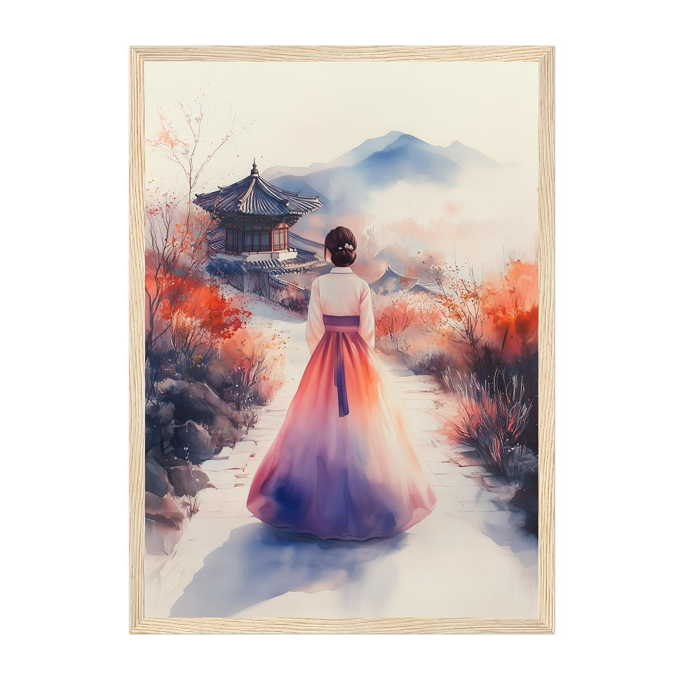 Korean Watercolor Hanbok Art Print: Soft Autumn Palace Mountain Scene