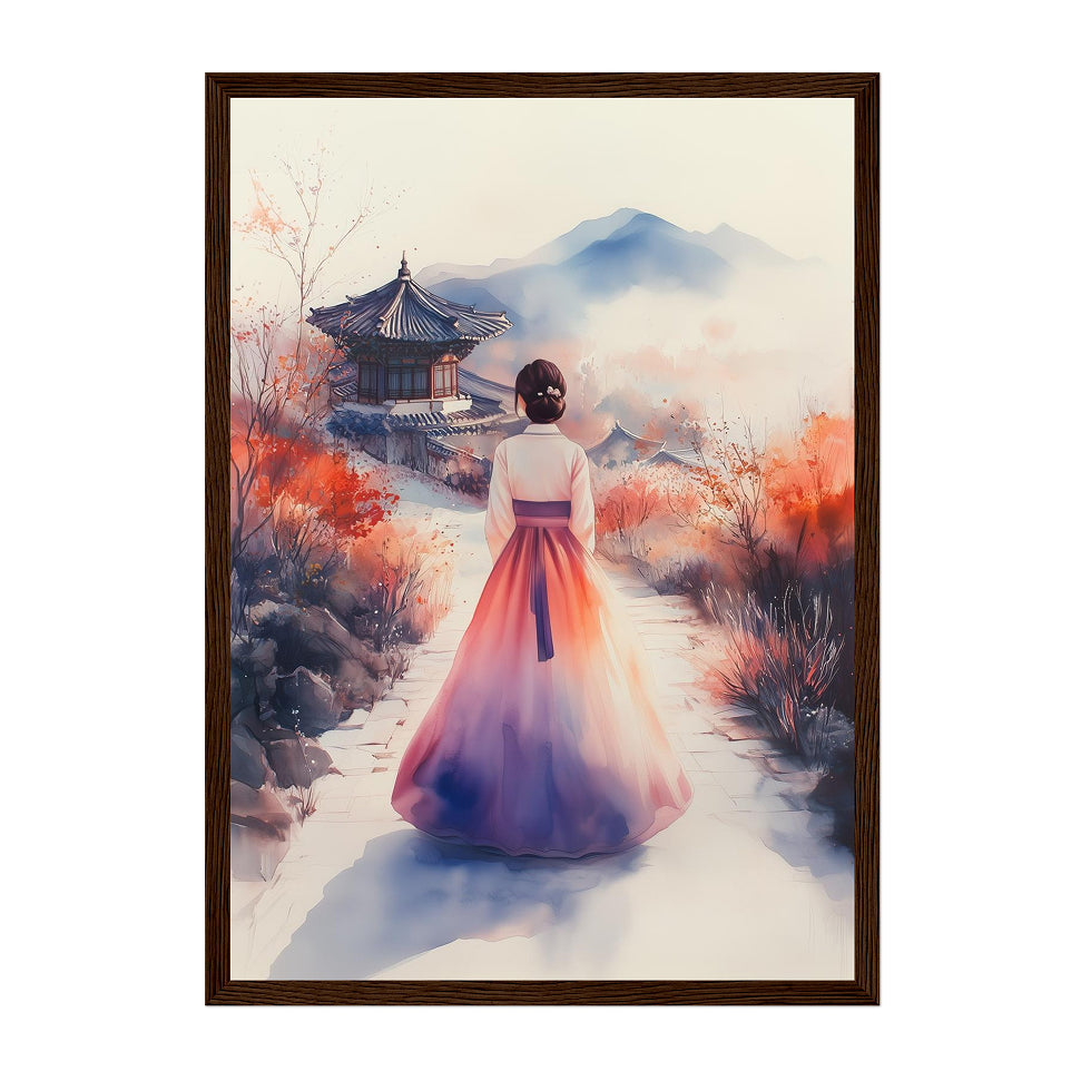 Korean Watercolor Hanbok Art Print: Soft Autumn Palace Mountain Scene