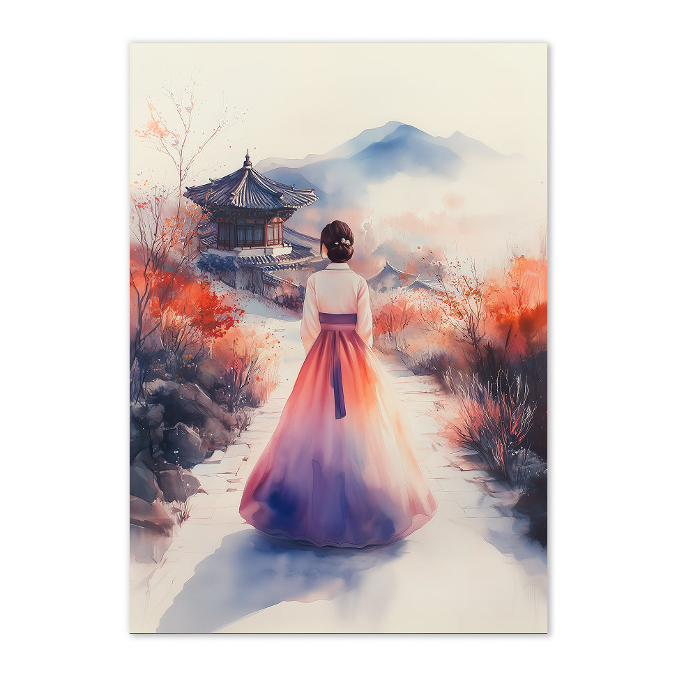Korean Watercolor Hanbok Art Print: Soft Autumn Palace Mountain Scene