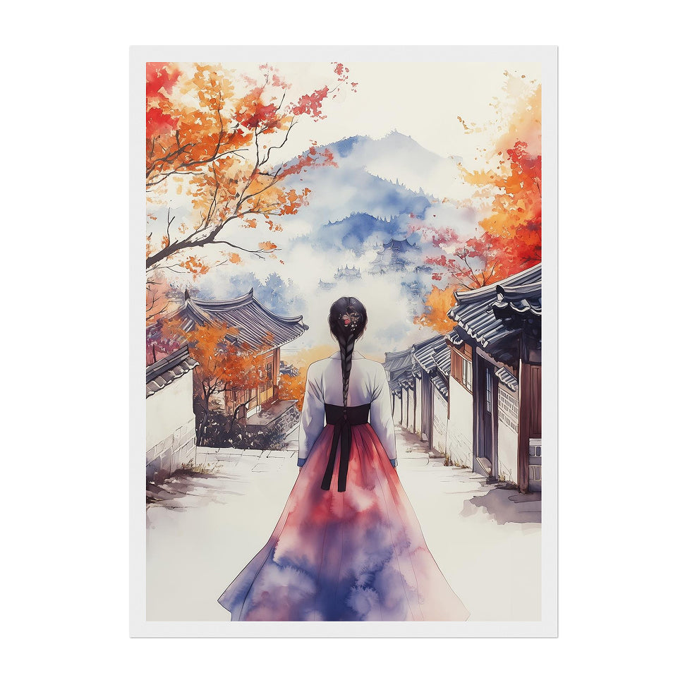 Korean Watercolor Hanbok Art Print: Soft Autumn Palace Mountain Scene