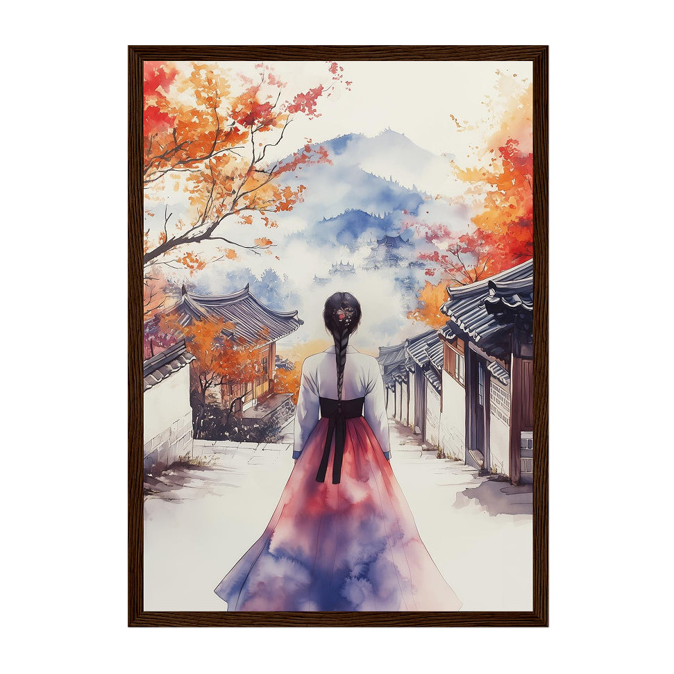 Korean Watercolor Hanbok Art Print: Soft Autumn Palace Mountain Scene