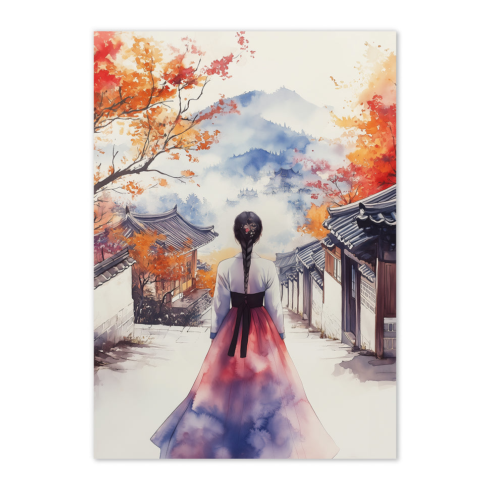Artistic depiction of a woman in traditional hanbok standing in an autumnal setting with trees and buildings.