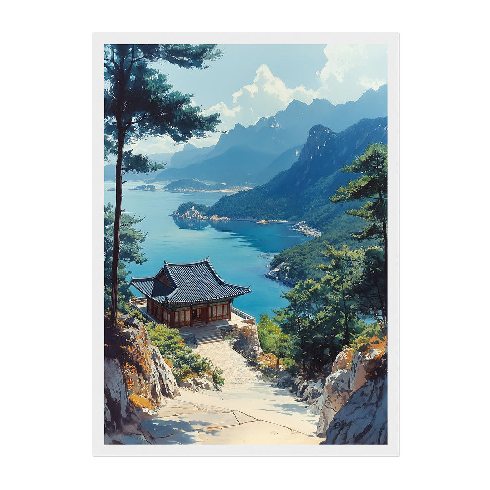 Korean Coastal Temple Art Print: Peaceful Seaside Landscape