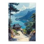 Traditional Korean house by a lake with mountains in the background