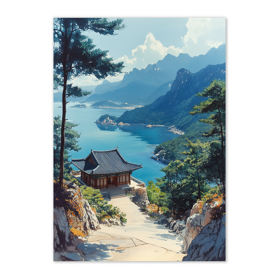 Traditional Korean house by a lake with mountains in the background