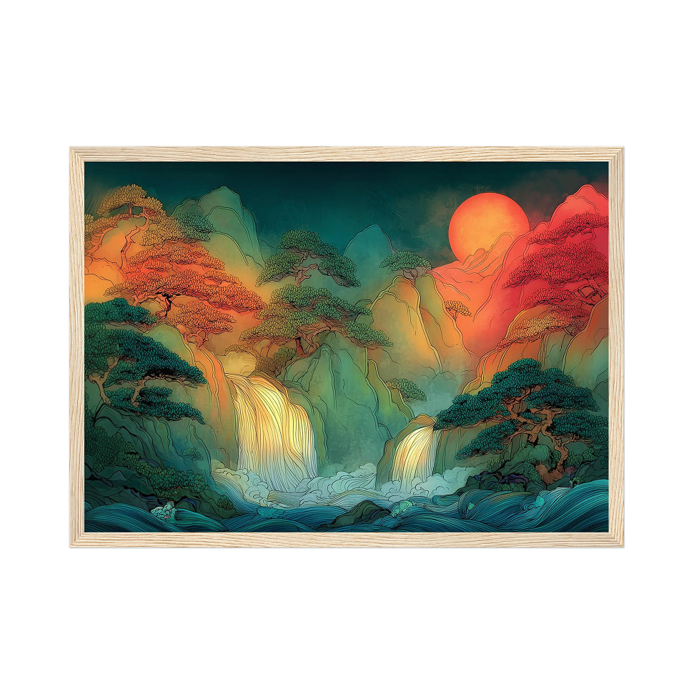 Korean Landscape Art Print: Teal Red Mountain Waterfall Sunrise Scene