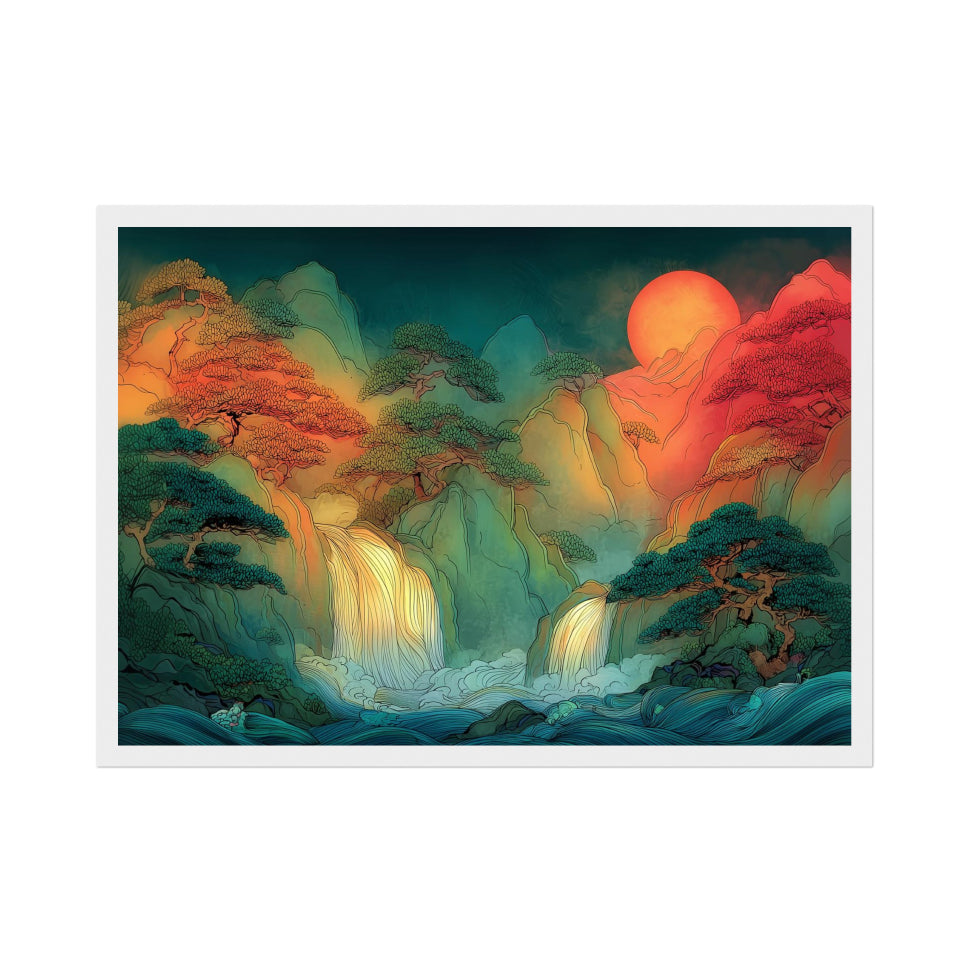 Korean Landscape Art Print: Teal Red Mountain Waterfall Sunrise Scene