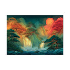 Korean Landscape Art Print: Teal Red Mountain Waterfall Sunrise Scene