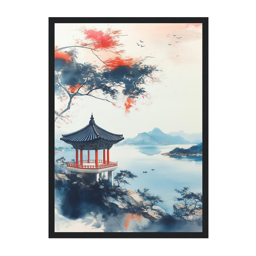 Korean Pavilion Landscape Art Print: Tranquil Lake View with Ink Brush Colors