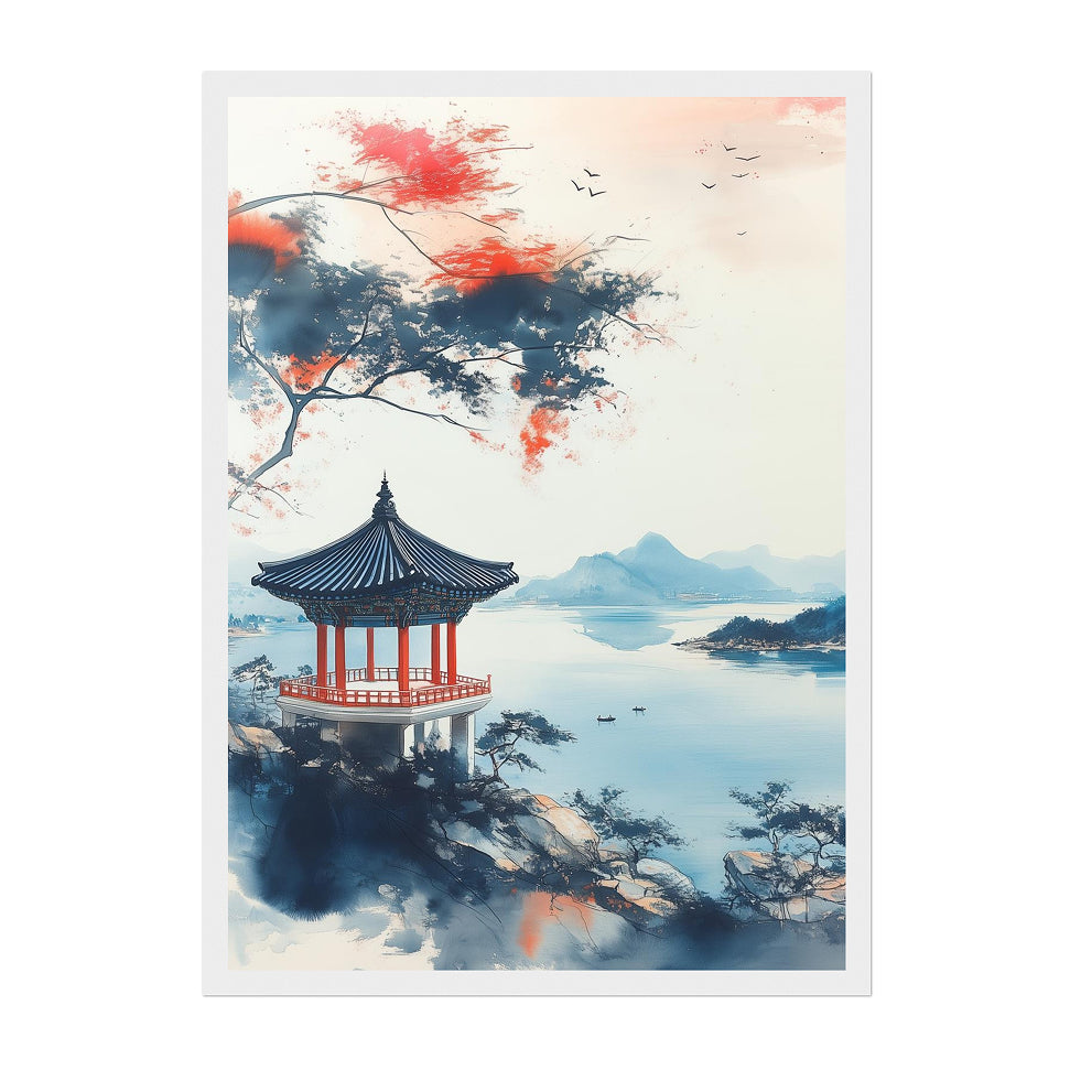 Korean Pavilion Landscape Art Print: Tranquil Lake View with Ink Brush Colors