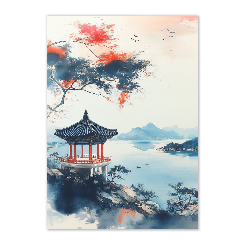 Traditional Korean pagoda with cherry blossoms and a lake