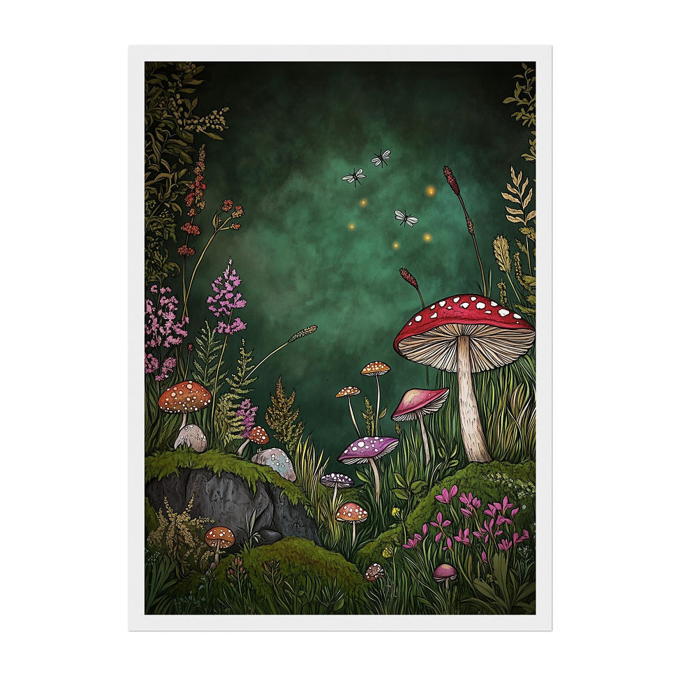 Mushroom Forest Art Print: Whimsical Cottagecore Woodland Decor