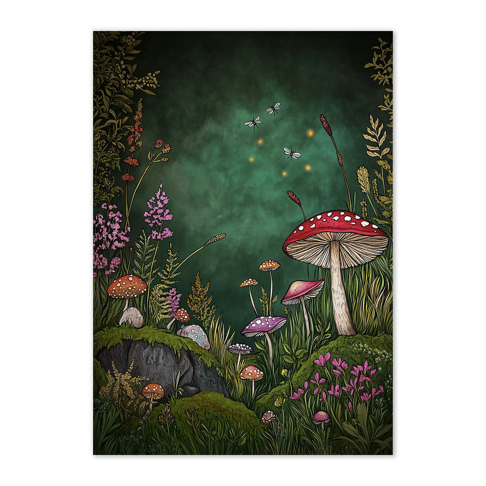 Fairy tale forest with mushrooms and flowers on a dark green background