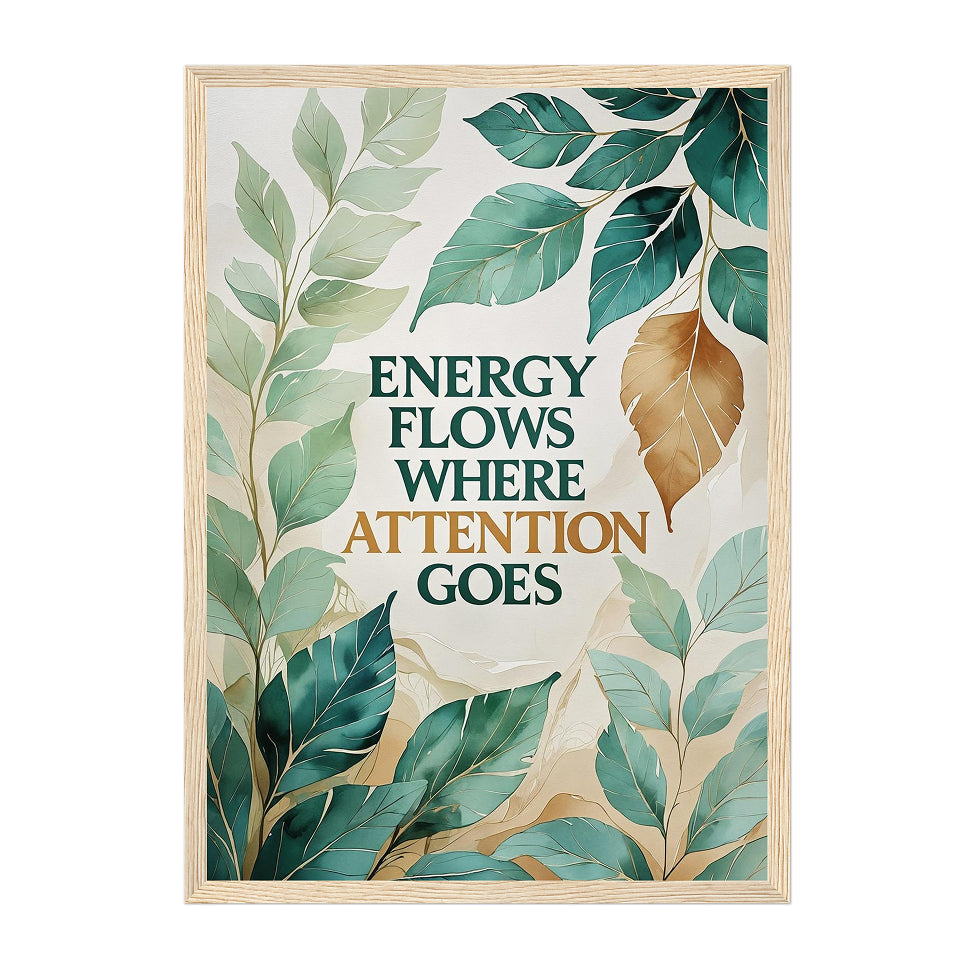 Botanical Quote Art Print: Green and Gold Minimal Watercolor Design with Mindful Energy Message