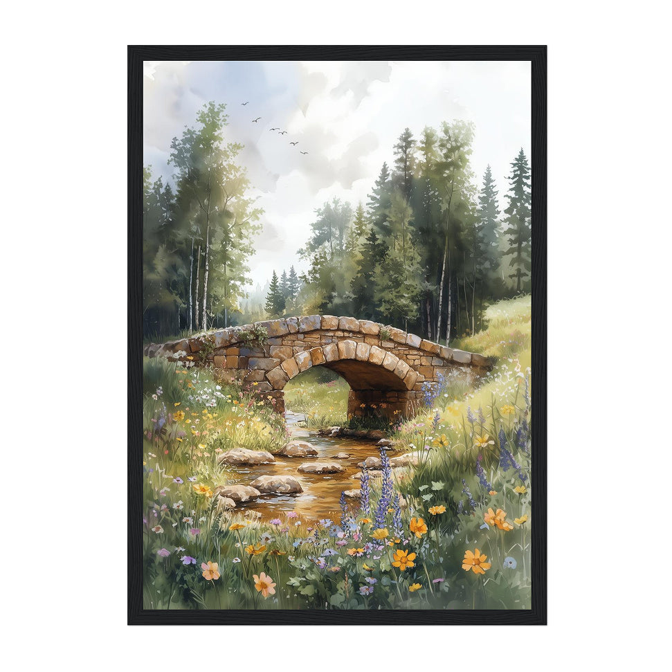 Watercolor Stone Bridge Art Print: Soft Pastel Meadow Stream Landscape