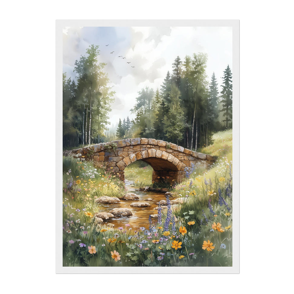 Watercolor Stone Bridge Art Print: Soft Pastel Meadow Stream Landscape
