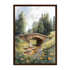 Watercolor Stone Bridge Art Print: Soft Pastel Meadow Stream Landscape