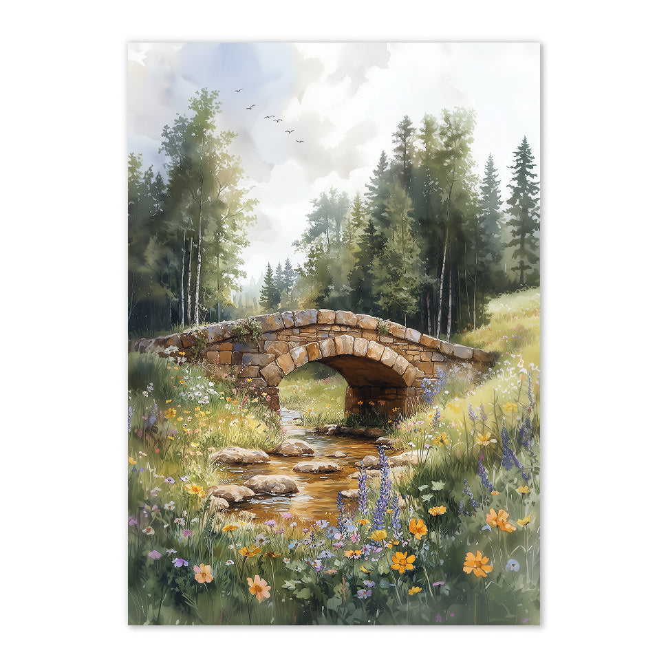 Stone bridge over a stream with a forest background
