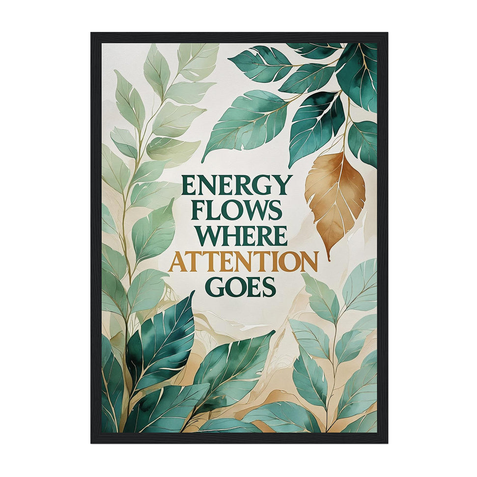 Botanical Quote Art Print: Green and Gold Minimal Watercolor Design with Mindful Energy Message