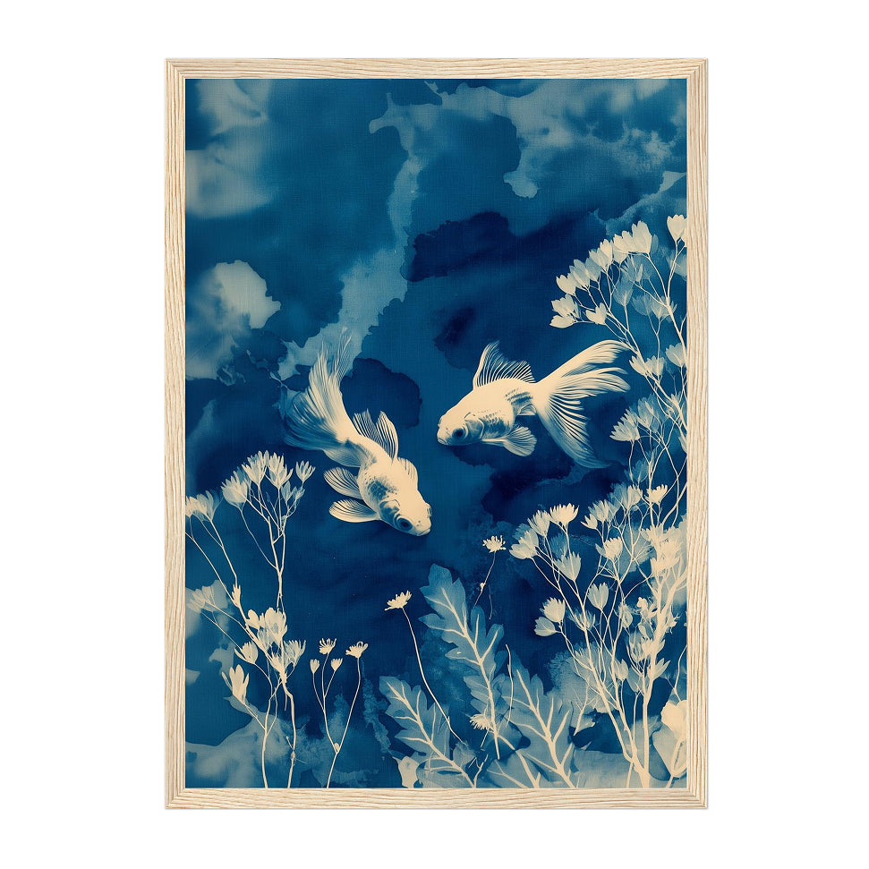 Cyanotype Koi Fish Art Print: Indigo Dreamlike Underwater Botanicals