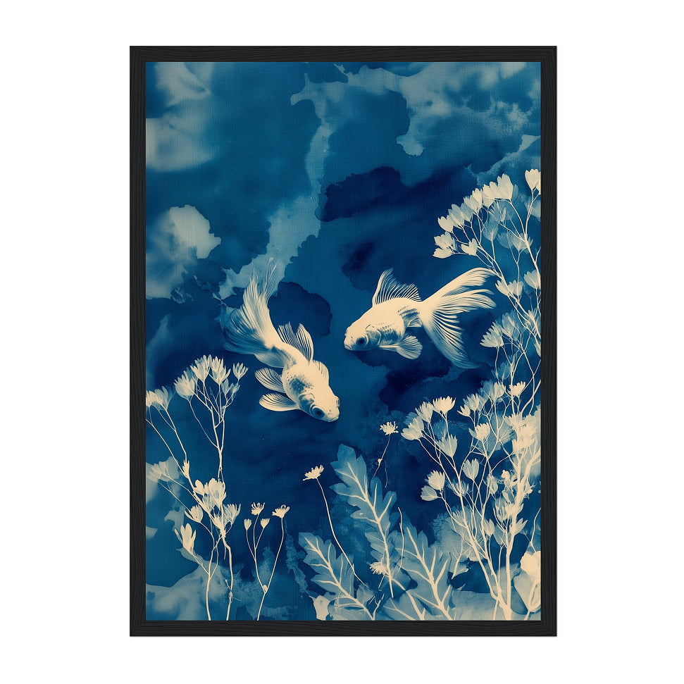 Cyanotype Koi Fish Art Print: Indigo Dreamlike Underwater Botanicals