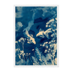 Cyanotype Koi Fish Art Print: Indigo Dreamlike Underwater Botanicals