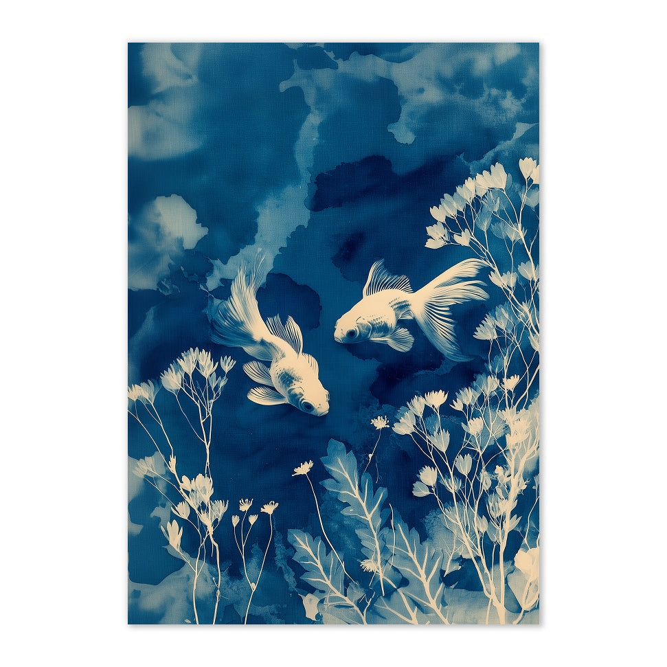 Cyanotype Koi Fish Art Print: Indigo Dreamlike Underwater Botanicals