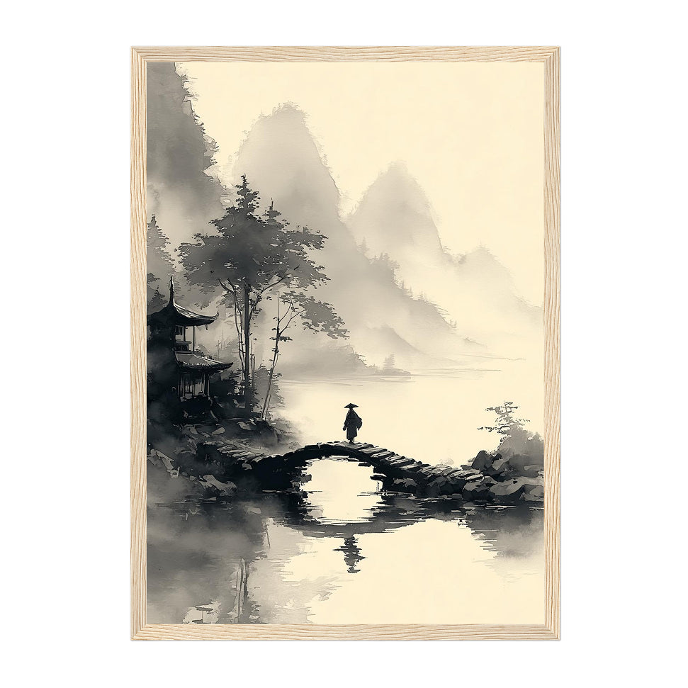 Japanese Ink Wash Landscape Art Print: Black White Misty Mountain Bridge Scene