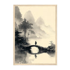 Japanese Ink Wash Landscape Art Print: Black White Misty Mountain Bridge Scene