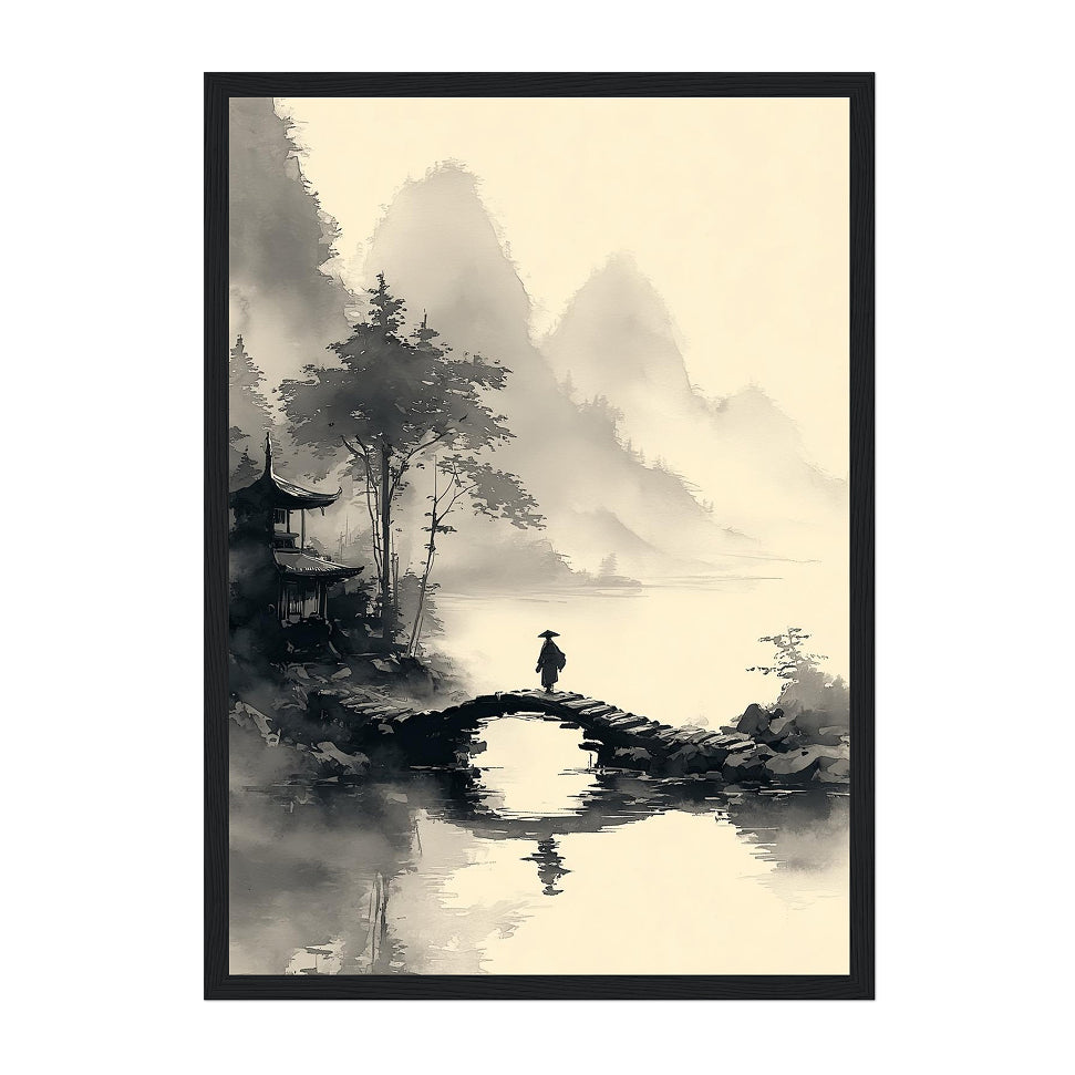 Japanese Ink Wash Landscape Art Print: Black White Misty Mountain Bridge Scene