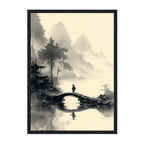 Japanese Ink Wash Landscape Art Print: Black White Misty Mountain Bridge Scene