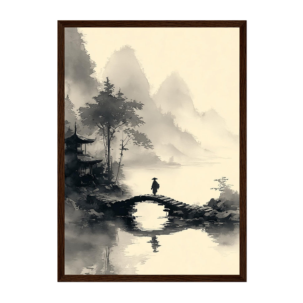 Japanese Ink Wash Landscape Art Print: Black White Misty Mountain Bridge Scene