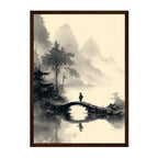 Japanese Ink Wash Landscape Art Print: Black White Misty Mountain Bridge Scene