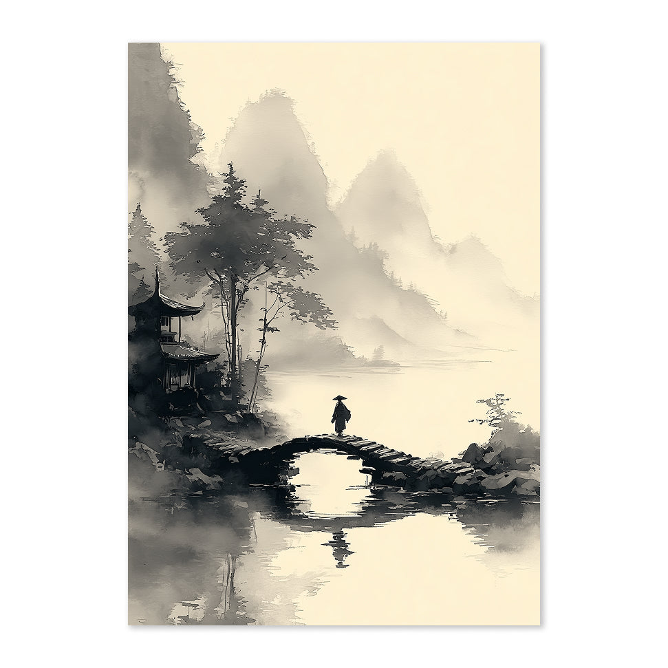 Traditional Asian ink painting of a landscape with a bridge, mountains, and a figure.